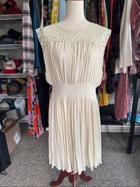 Sundance Cream Crochet Yoke Smocked Midi Dress